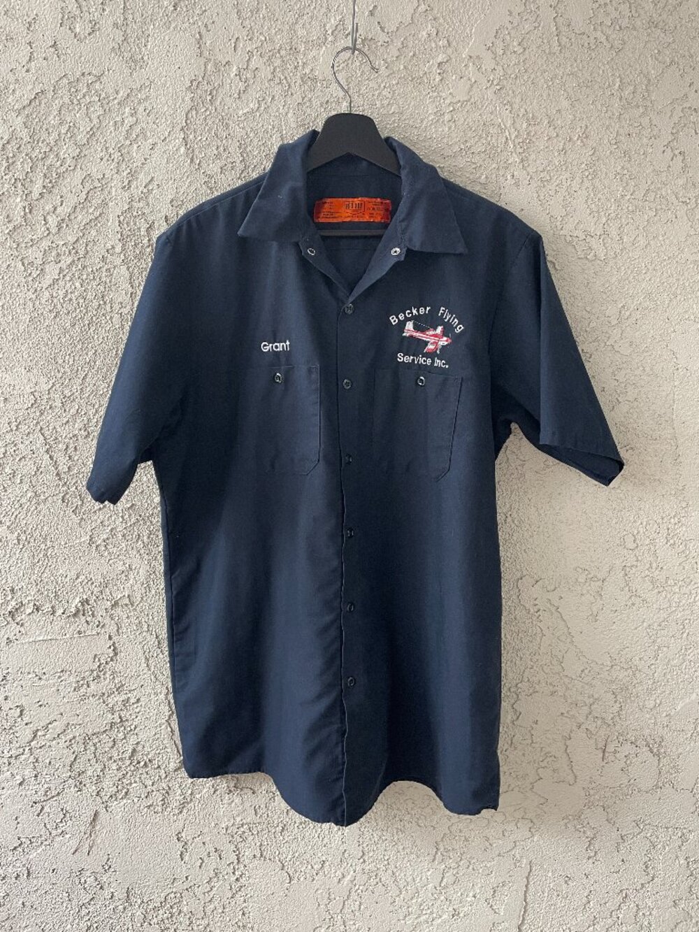 Red Kap Becker Flying Service Mechanic Shop Shirt Navy Blue Large